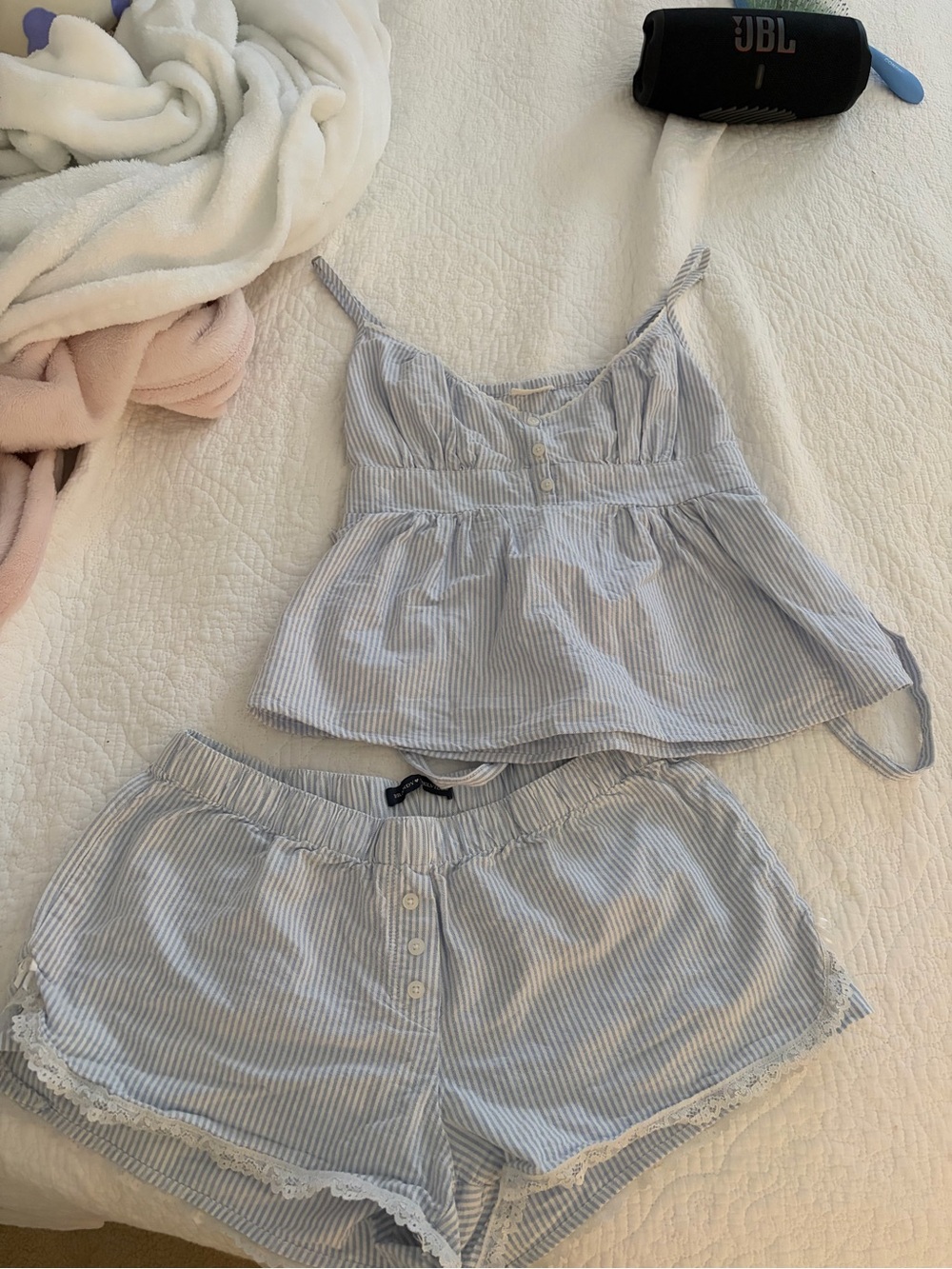 Brandy Melville Light Blue & White Striped Cami and Short Set